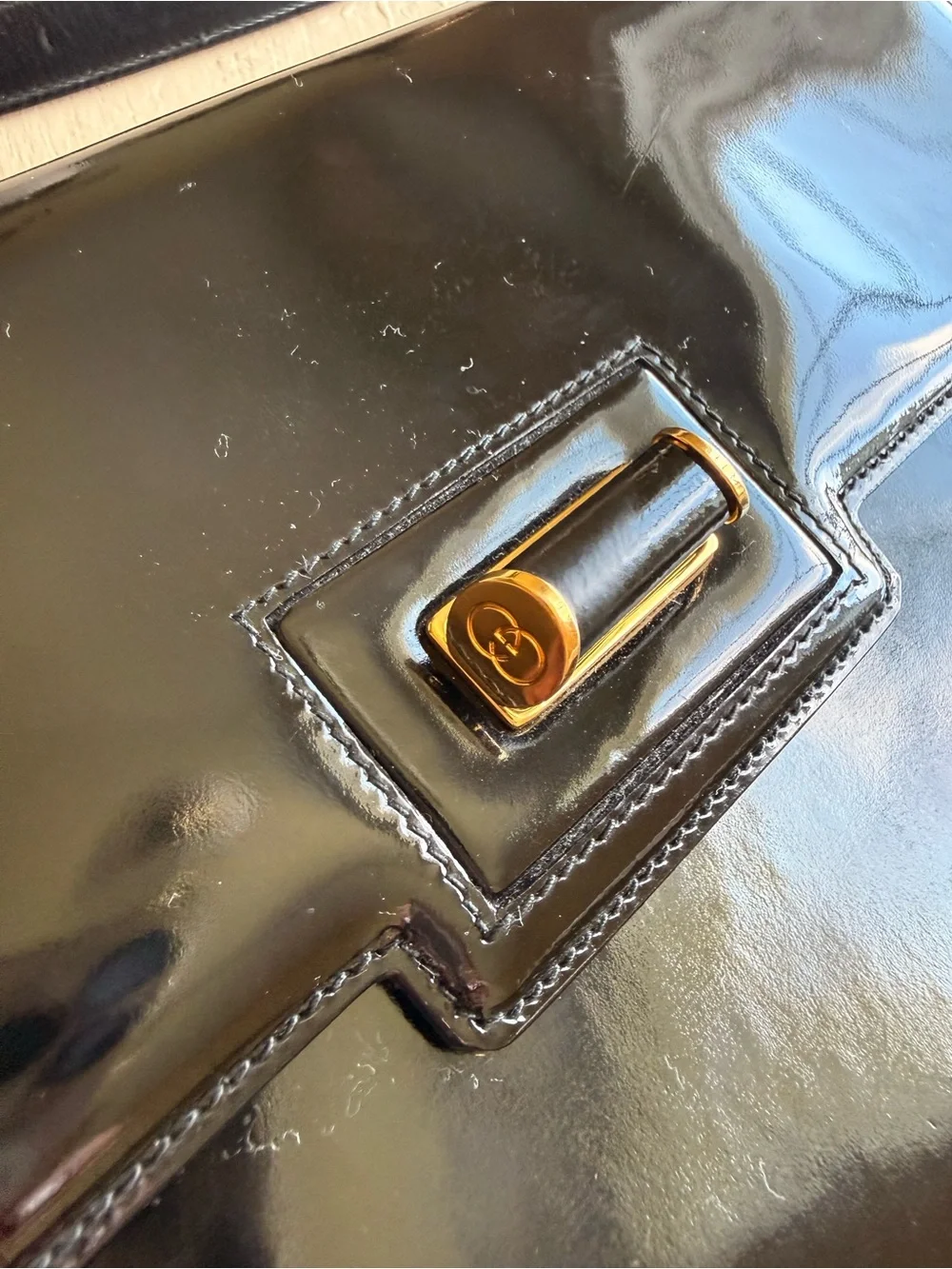 Gucci Black Patent Leather Velvet Interior with Gold Logo Plaque